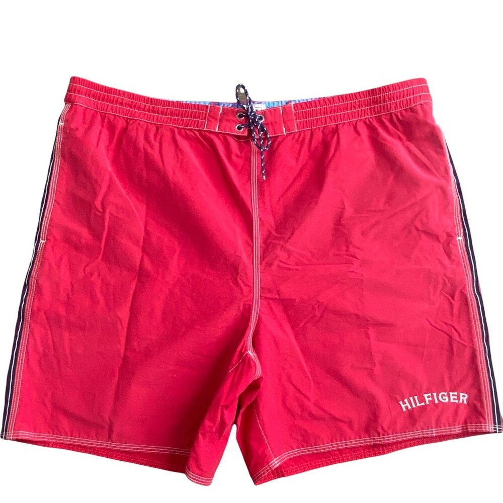 Tommy Hilfiger Swim Trunks Mens XL‎ Red Side Stripe Mesh Lined Board Shorts